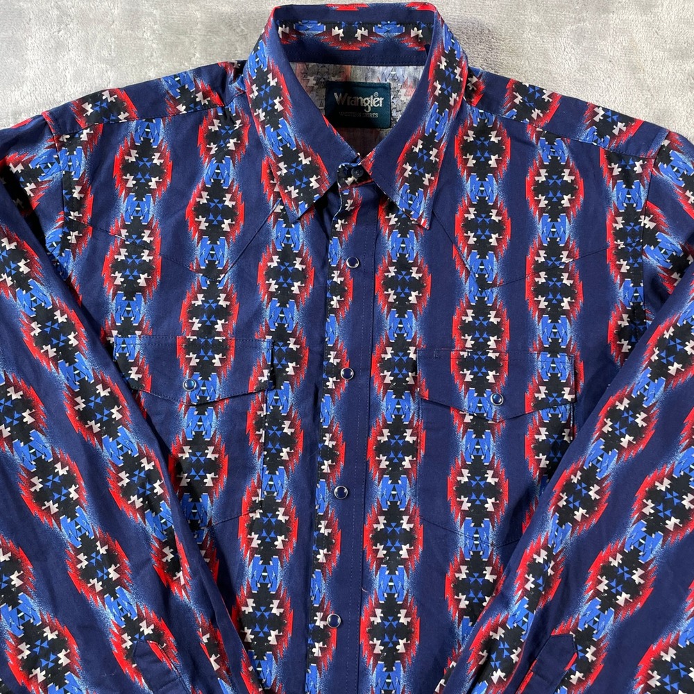 Wrangler Shirt Mens Large Blue Western Aztec Snap Cowboy‎ Festival Casual - Picture 4 of 12